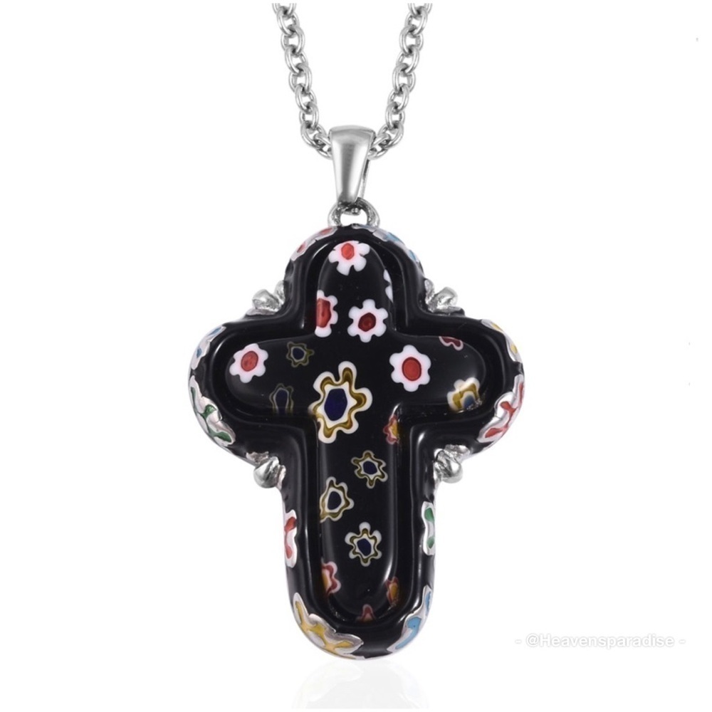 Black Murano Style Enameled Cross Pendant 20” Stainless Steele Necklace